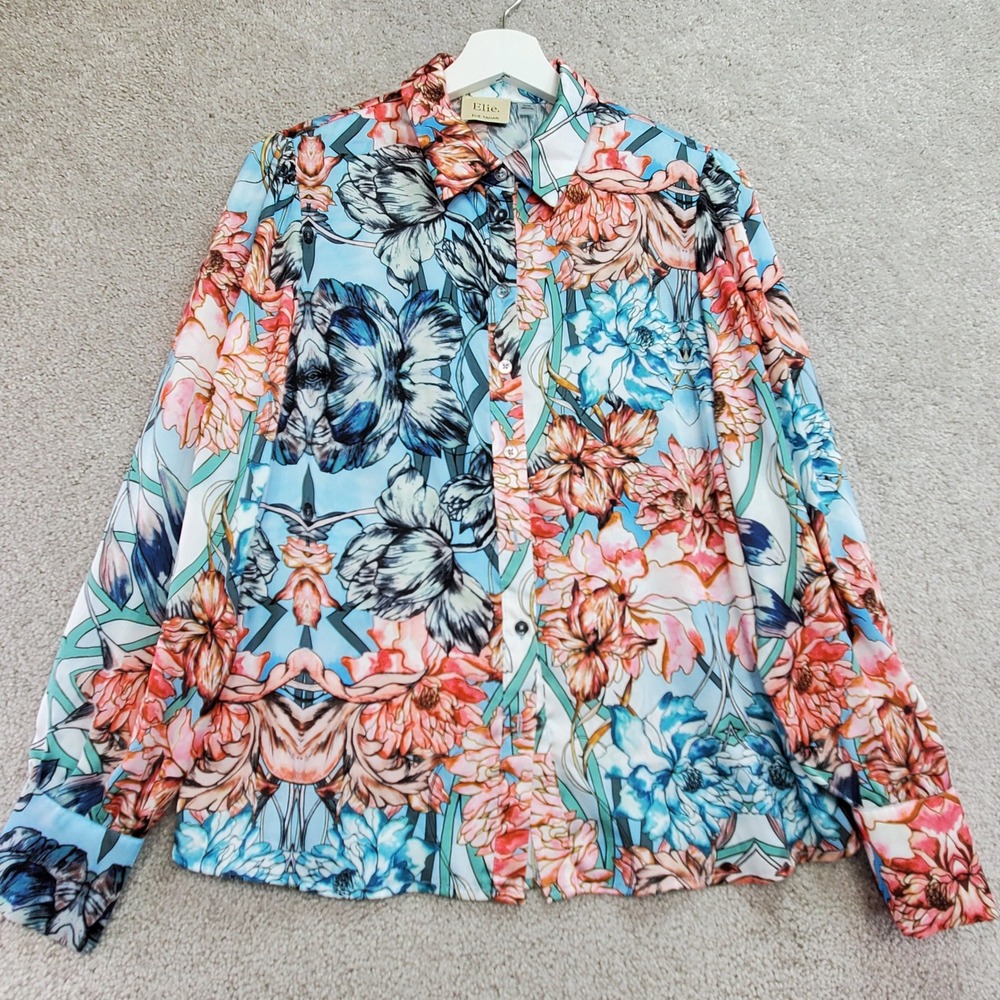 Elie Tahari Floral Print Button Up Shirt Womens M Blue Pink‎ Green Satin Blend